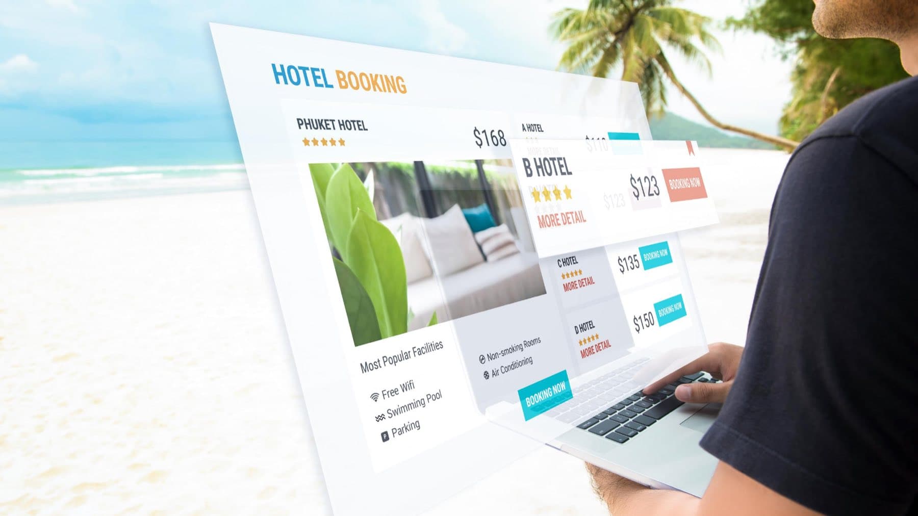 Un uomo confronta i prezzi di diversi hotel su un portale di prenotazione