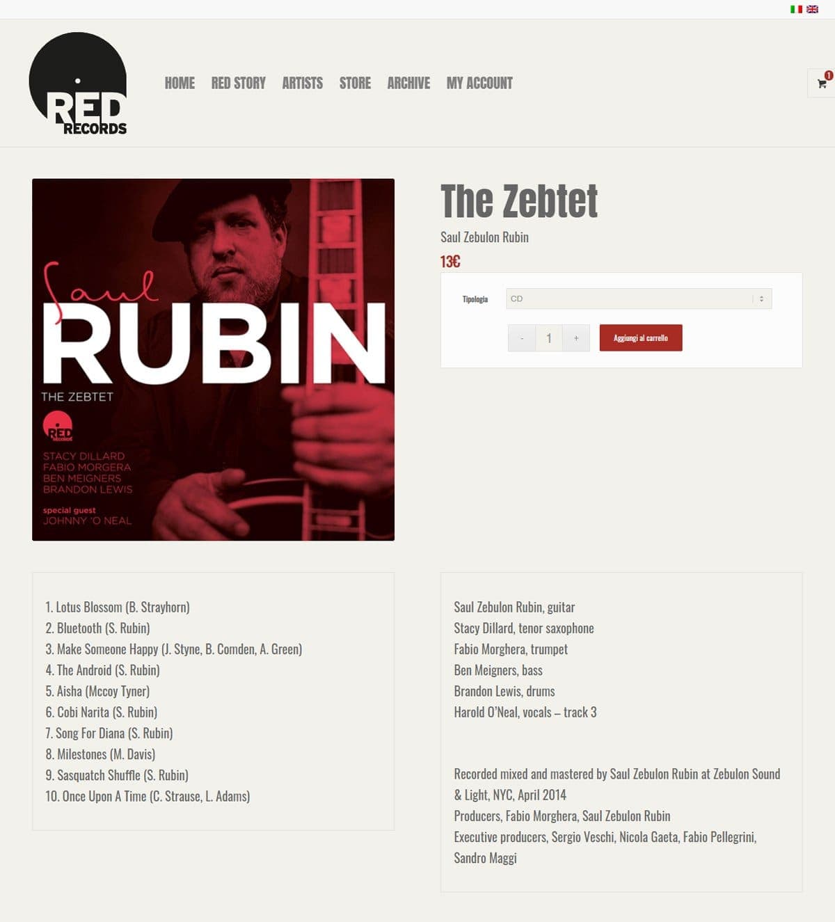A record’s page: format, tracks, musicians and recording session. This is where you buy, by bank transfer, PayPal or card.