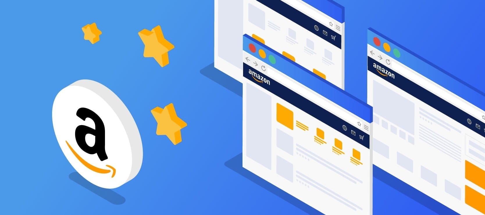 Illustrazione isometrica con il logo Amazon e finestre del browser aperte su pagine prodotto con recensioni a stelle