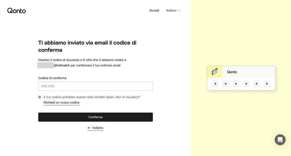 Inserisci il codice di conferma Qonto che riceverai sulla tua email dopo l'inserimento.