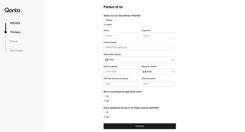 È necessario inserire alcuni dati riguardo al titolare del conto.