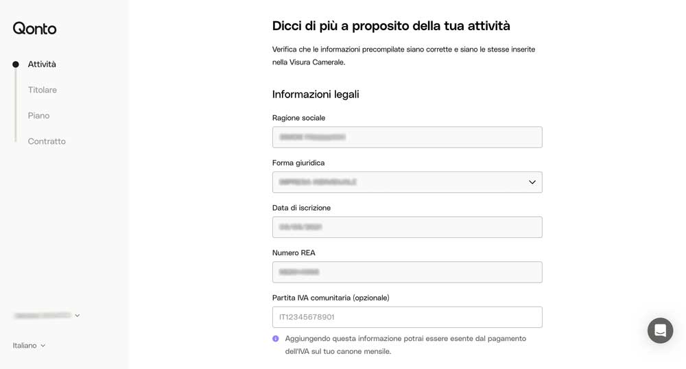 Qonto è collegato direttamente alla Camera di Commercio pertanto la compilazione delle informazioni è quasi automatica.