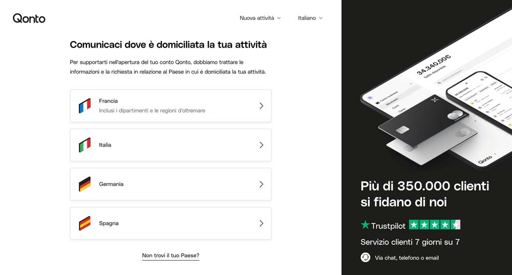 Seleziona la nazione di domiciliazione legale della tua attività durante la fase di registrazione a Qonto.