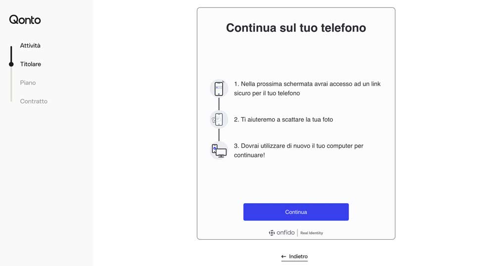 Continua temporaneamente sul telefono la procedura di registrazione, per caricare i documenti del titolare dell'azienda.