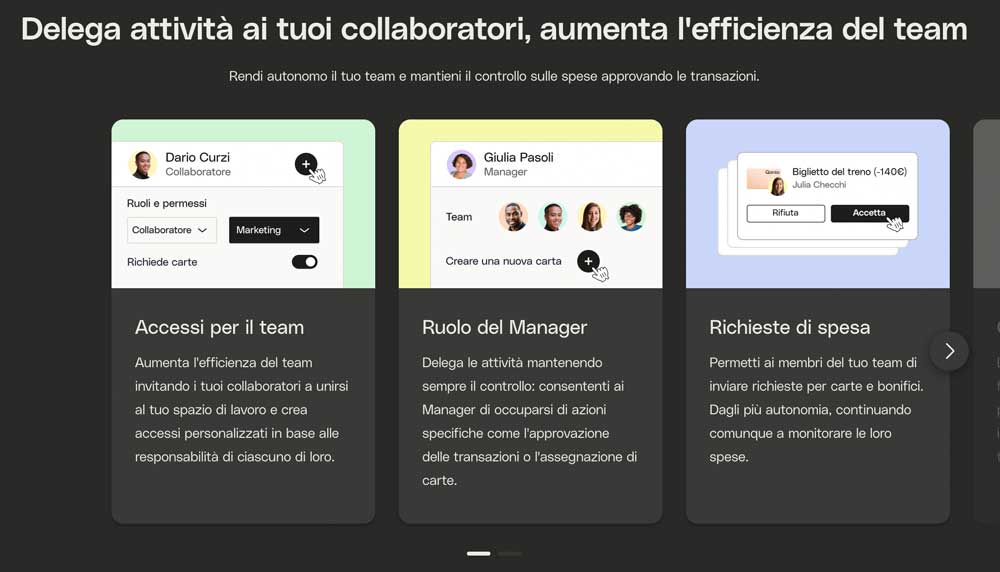 Possibilità di delegare alla gestione parziale o totale delle spese alcuni membri del team. Possibilità di delegare alla gestione parziale o totale delle spese alcuni membri del team.