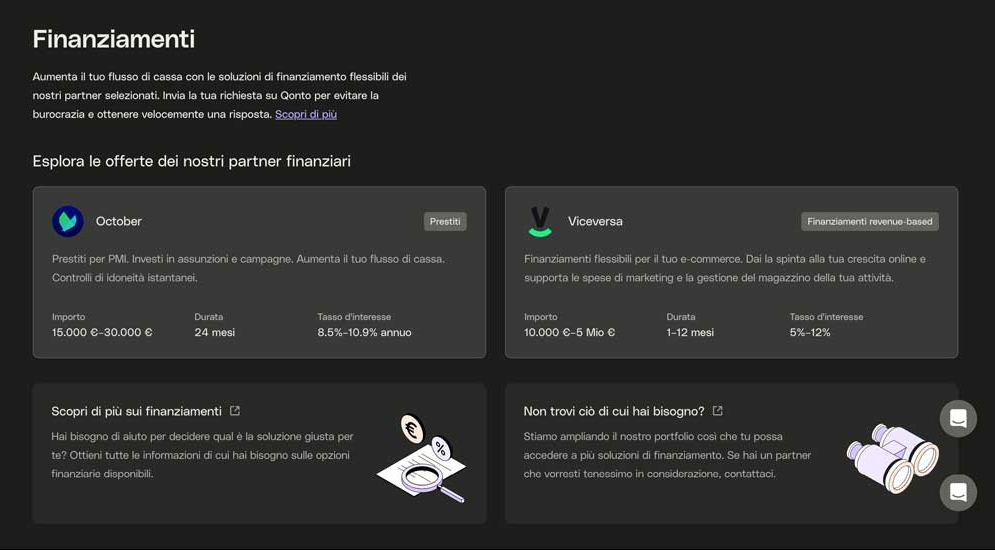 Grazie ai partner di Qonto, con determinati criteri di eleggibilità, puoi accedere a forme di finanziamento per far crescere il tuo progetto. Grazie ai partner di Qonto, con determinati criteri di eleggibilità, puoi accedere a forme di finanziamento per far crescere il tuo progetto.