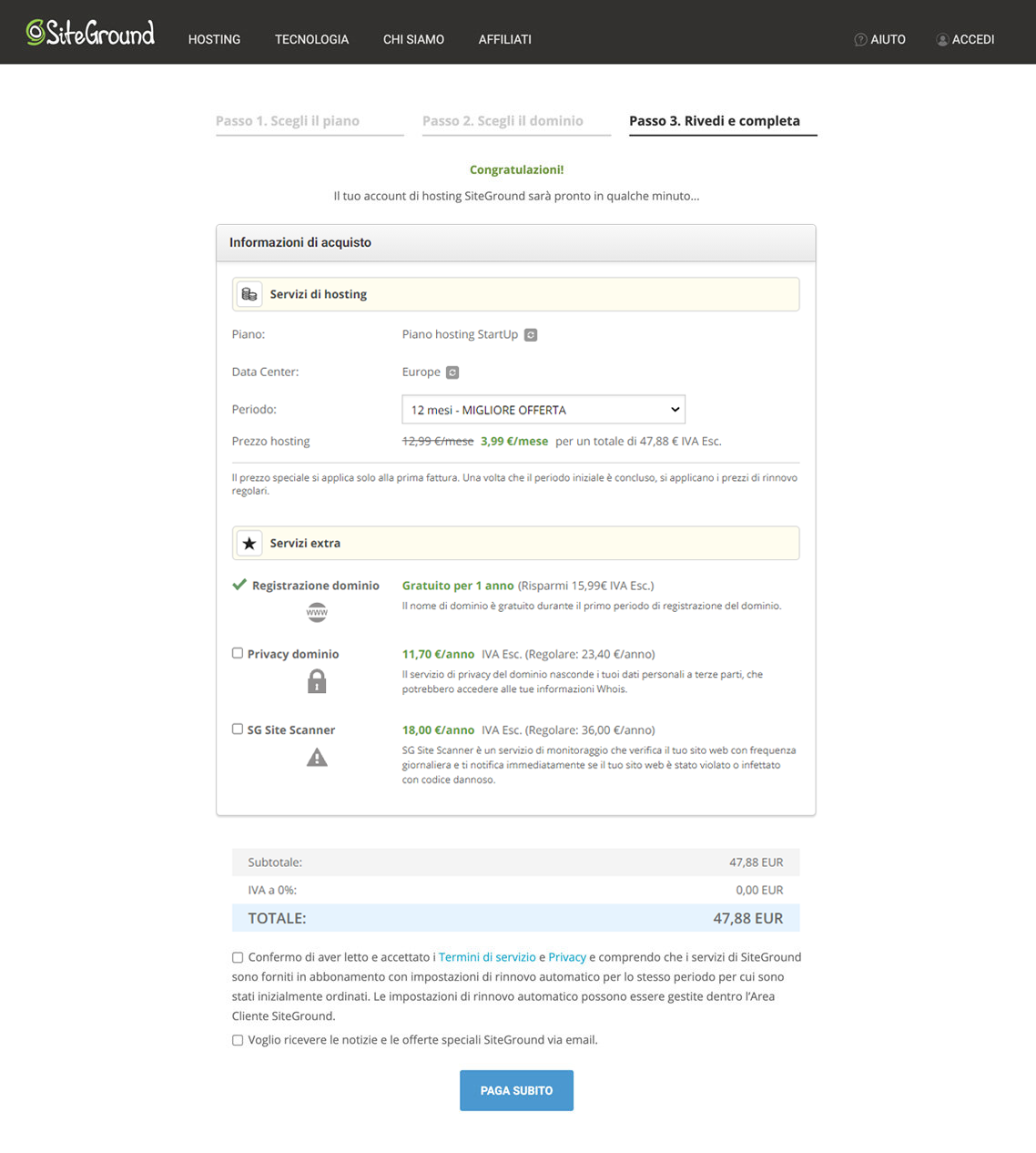 Pagina di Pagamento Siteground