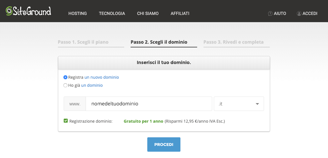 Scelta dominio Siteground