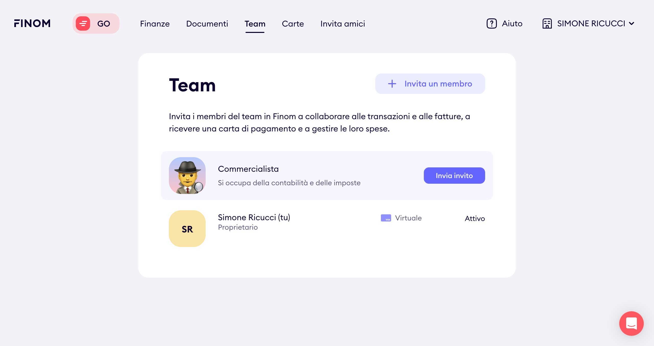 Aggiungere un membro Finom Puoi aggiungere membri del team attraverso la tab