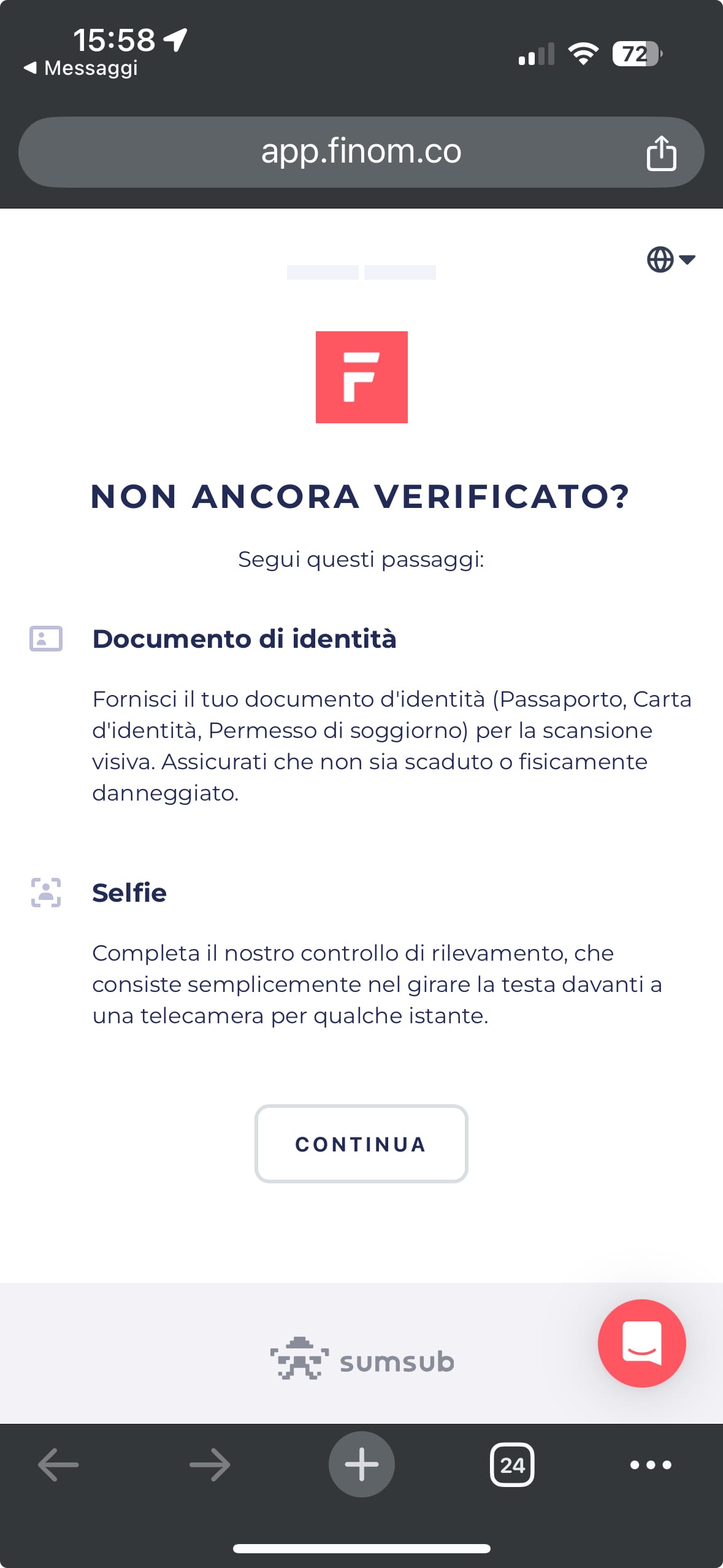 Inizio della procedura di video-riconoscimento Inizio della procedura di video-riconoscimento, in cui Finom informa l'utente che servirà scansione il documento d'identità ed effettuare un video selfie.