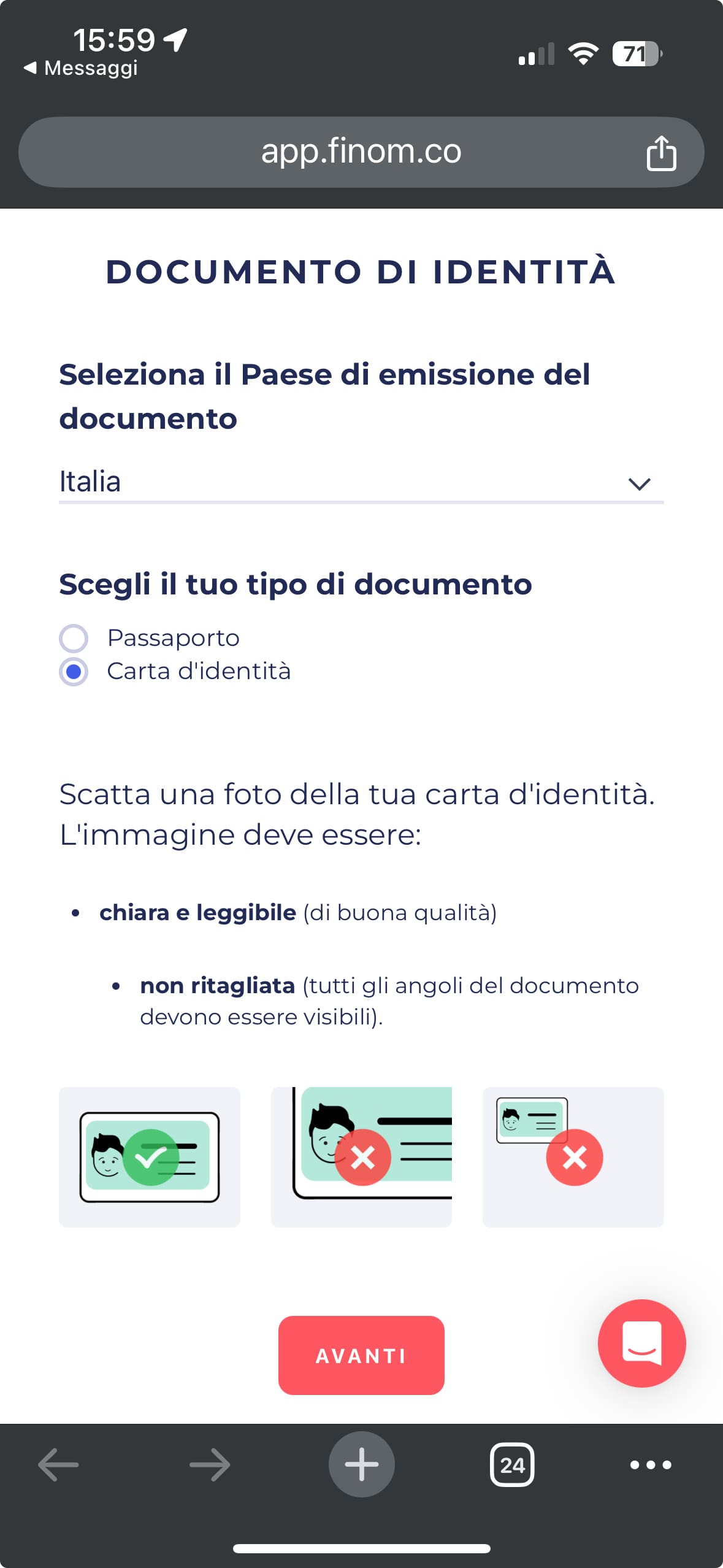 Documento da utilizzare per il video-riconoscimento Schermata di selezione del tipo di documento che si intende utilizzare per il video-riconoscimento.
