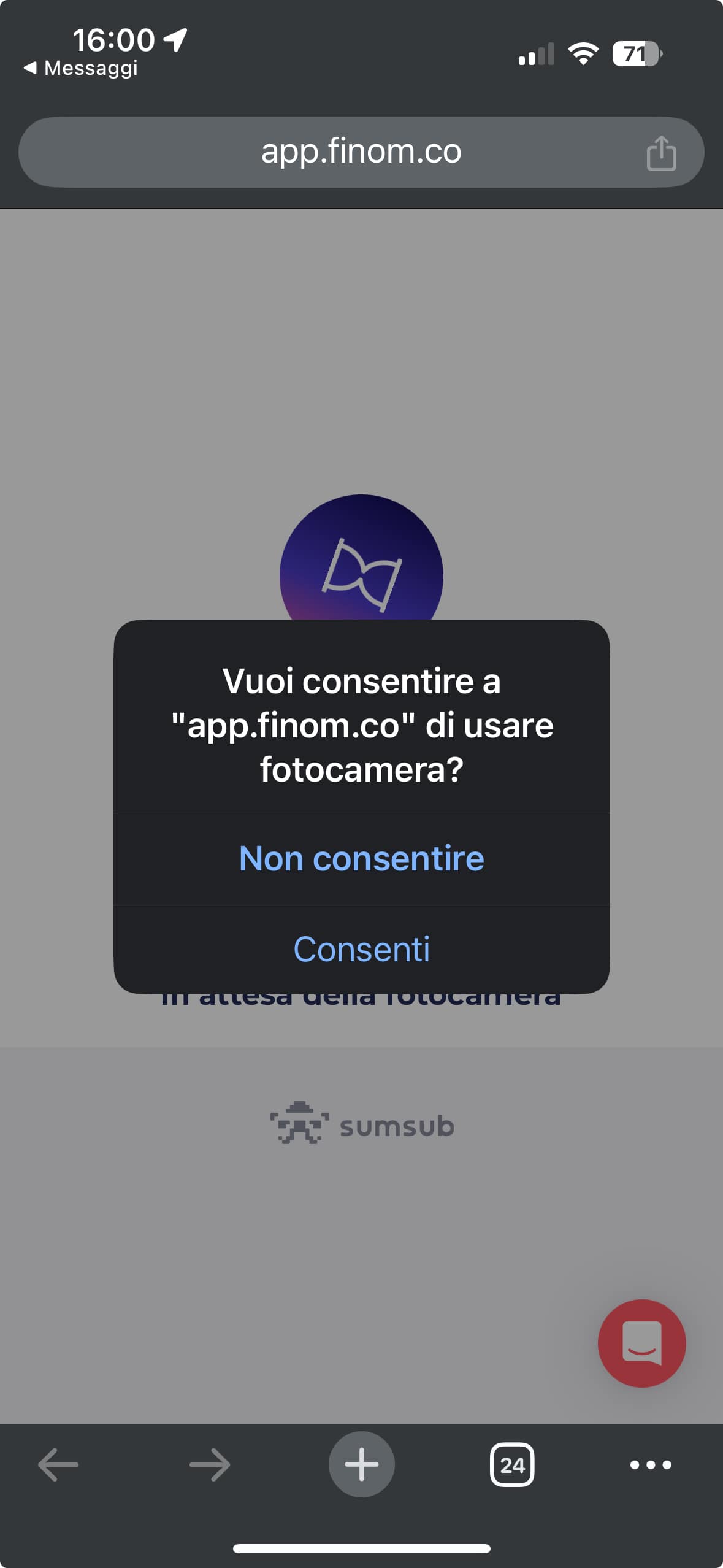 Autorizzazione fotocamera browser Chrome Il browser Chrome richiede i permessi di accesso alla fotocamera, per scansionare i documenti e il viso.