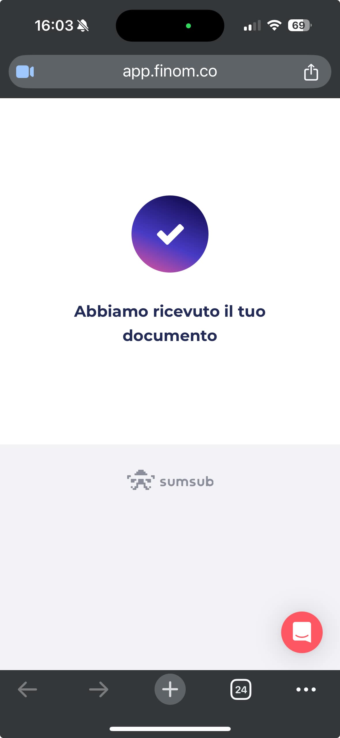 Finom comunica di aver ricevuto il documento. Conferma di avvenuta ricezione del documento di riconoscimento.
