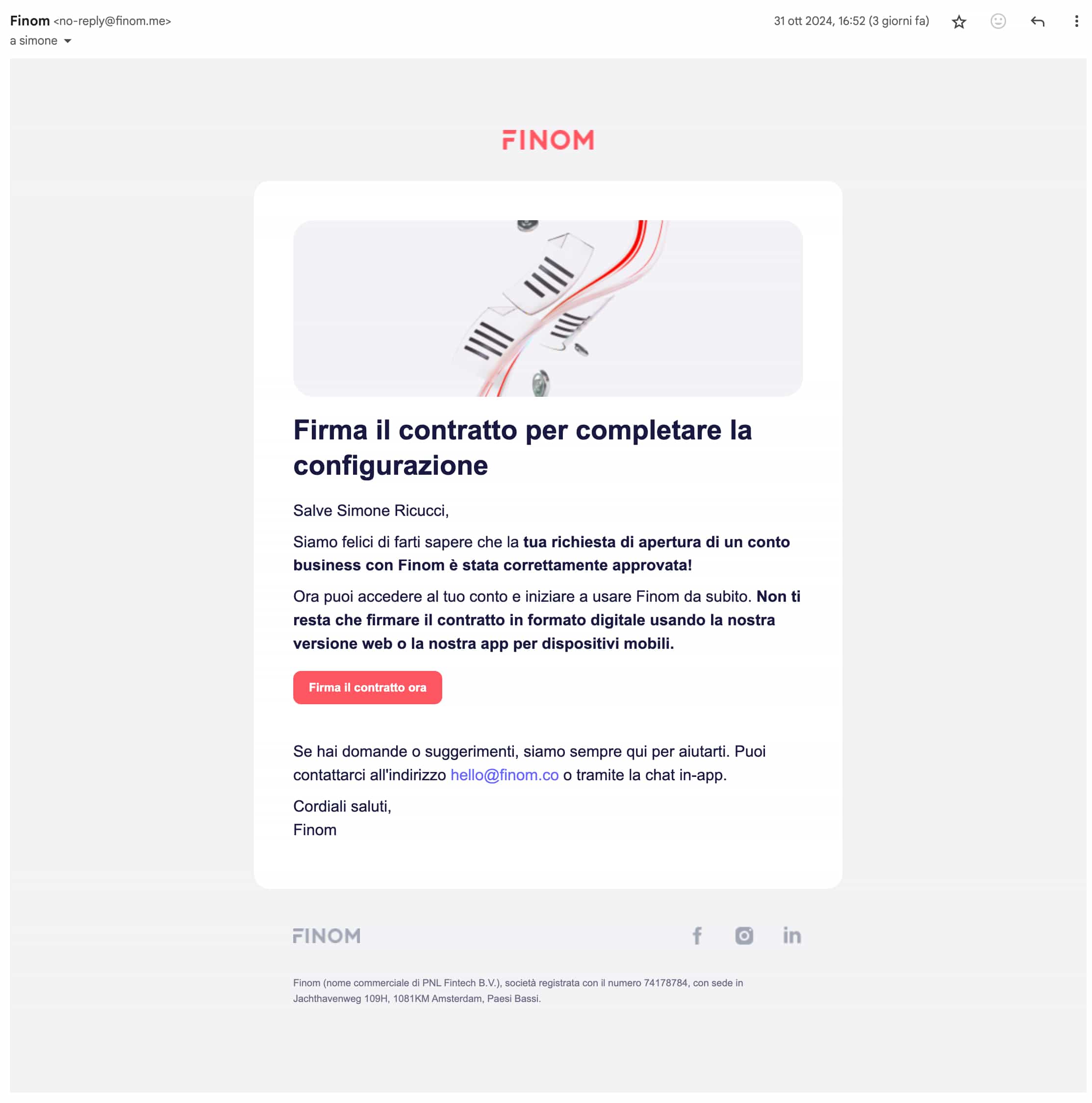 Firma del contratto per completare la configurazione del conto Finom Per completare la configurazione del conto Finom, è necessario firmare il contratto.