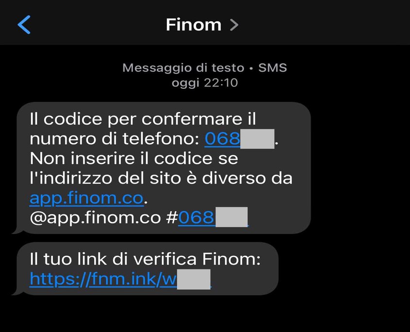Riceverai un SMS da Finom per confermare il tuo numero di telefono.