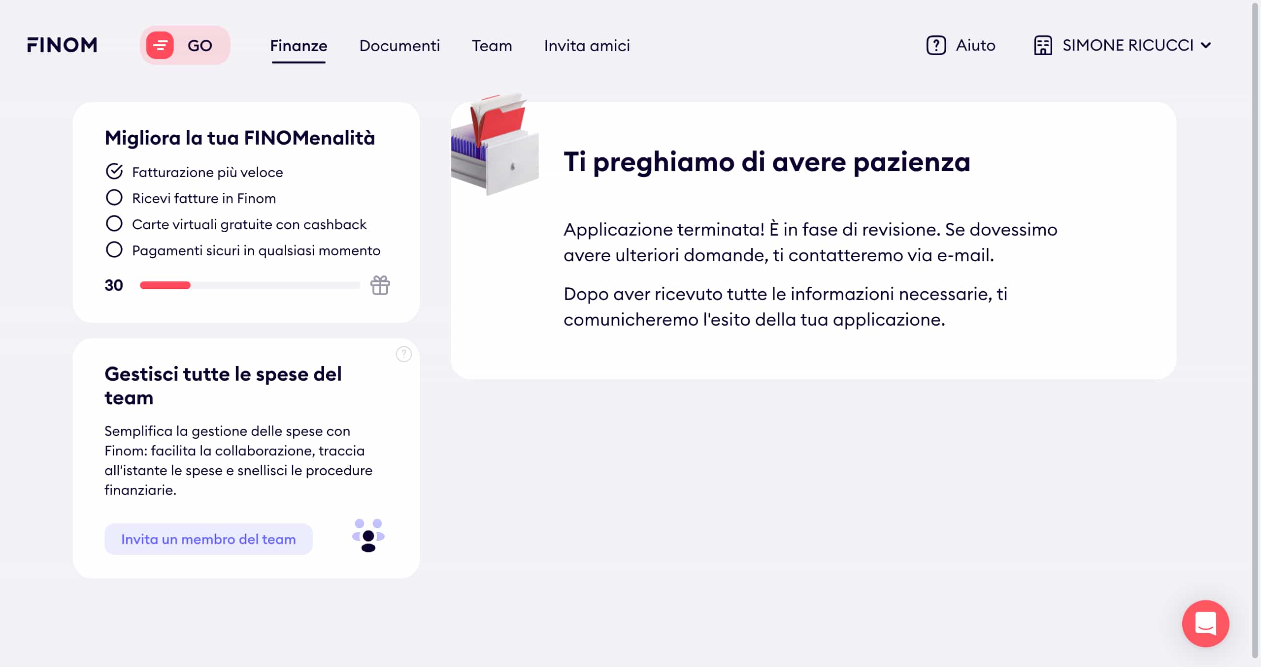 Conto corrente aziendale Finom in attesa di approvazione Una volta completata la procedura di registrazione, i documenti devono essere approvati da Finom. Nel mio caso ci sono voluti solo 45 minuti.