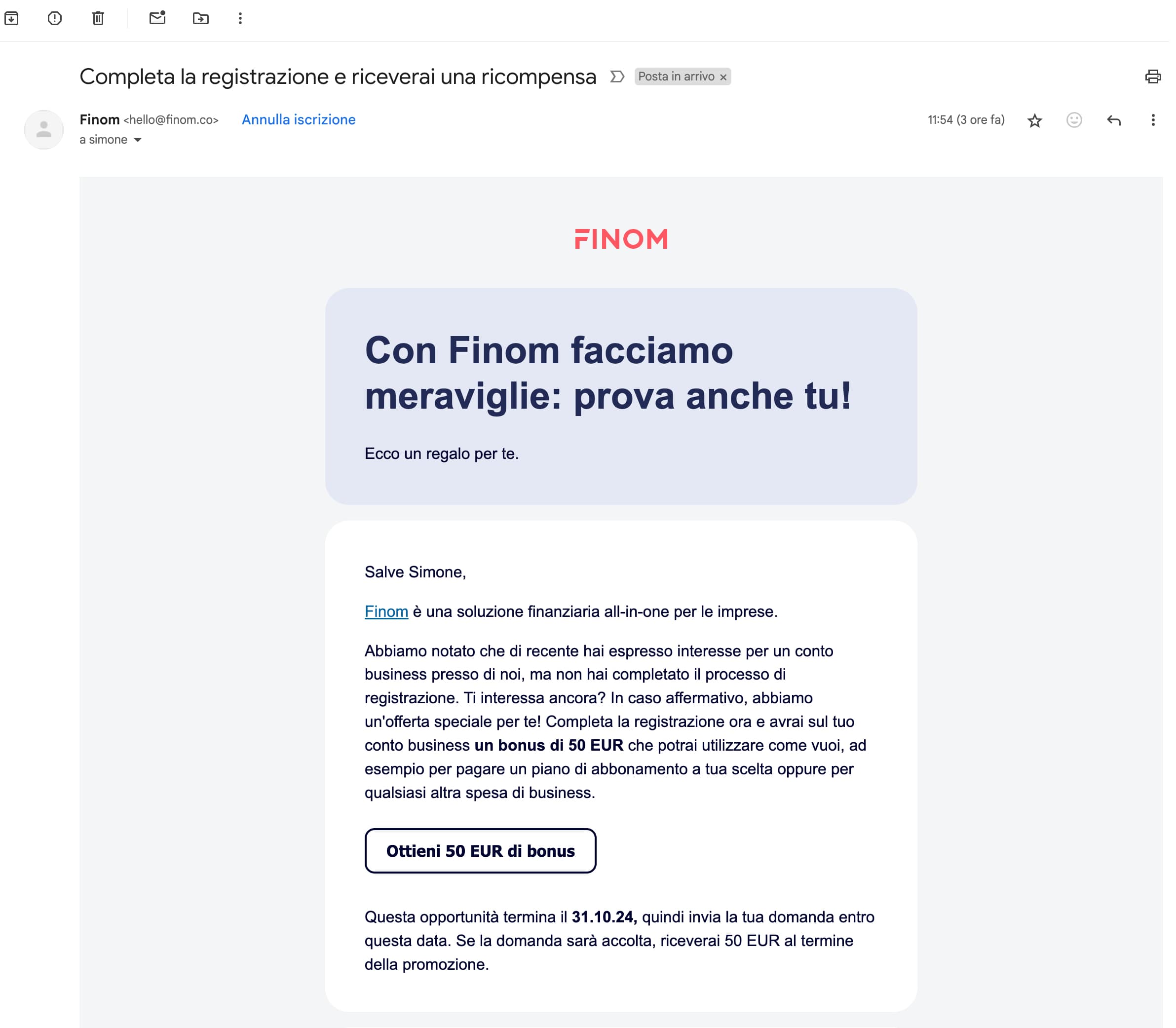 Ricompensa bonus Finom 50 euro registrazione Mail di ricompensa bonus di 50€, per incentivarmi a concludere la registrazione.