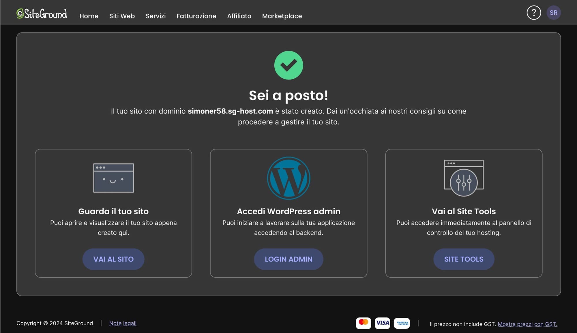 L'ambiente in WordPress è stato creato. Puoi iniziare a personalizzare il tuo sito web.