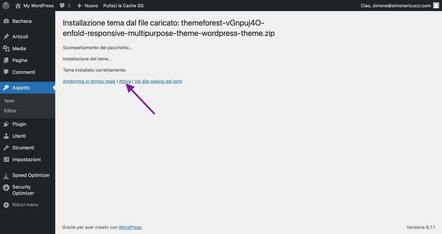 Schermata di riepilogo di WordPress che comunica che il tema è stato correttamente installato. Dovrai ora cliccare su Attiva.