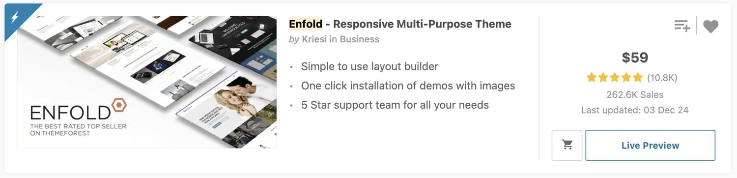 Il tema Enfold per WordPress è tra i più recensiti in assoluto. Oltre 260.000 vendite e 4.8 come media recensioni.