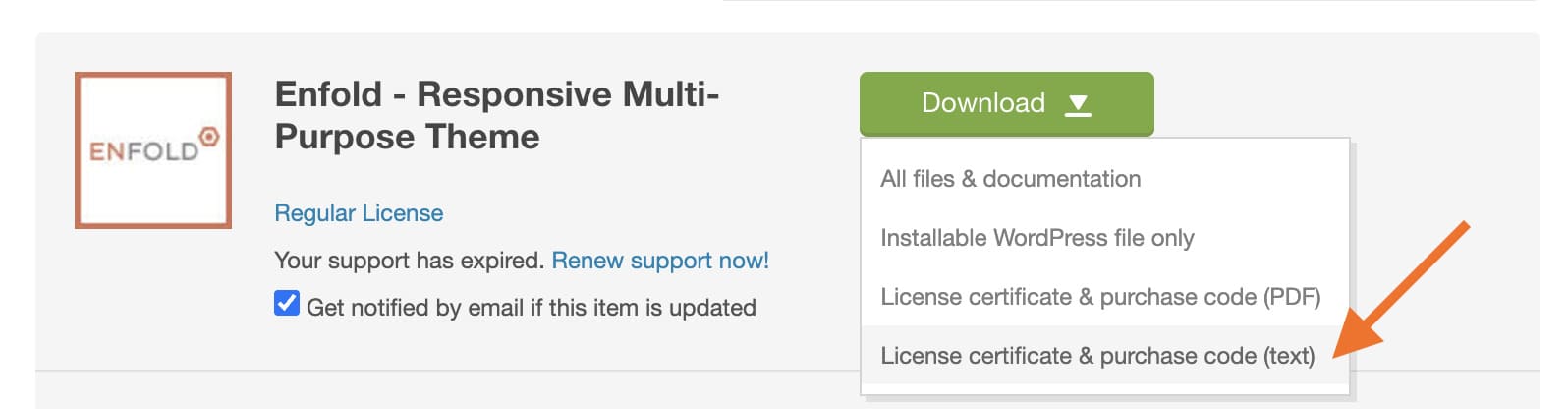 Menu Download del tema Enfold aperto, con una freccia sulla voce «License certificate & purchase code (text)»